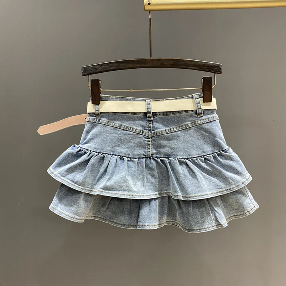 Denim Skirts For Womens 2024 Spring Summer Light Blue High Waist Jean Skirt Puffy Ruffle Fashion Faldas Mujer Korean Chic Jeans