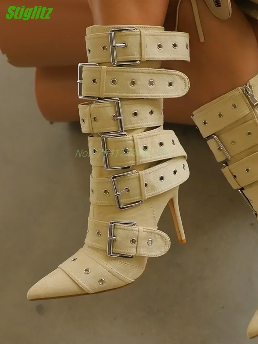 

Belt Buckle Sexy Boots Punk Metal Decoration Pointed Toe Thin High Heel Yellowish Black Women's Boots Canvas Spring Daily Shoes
