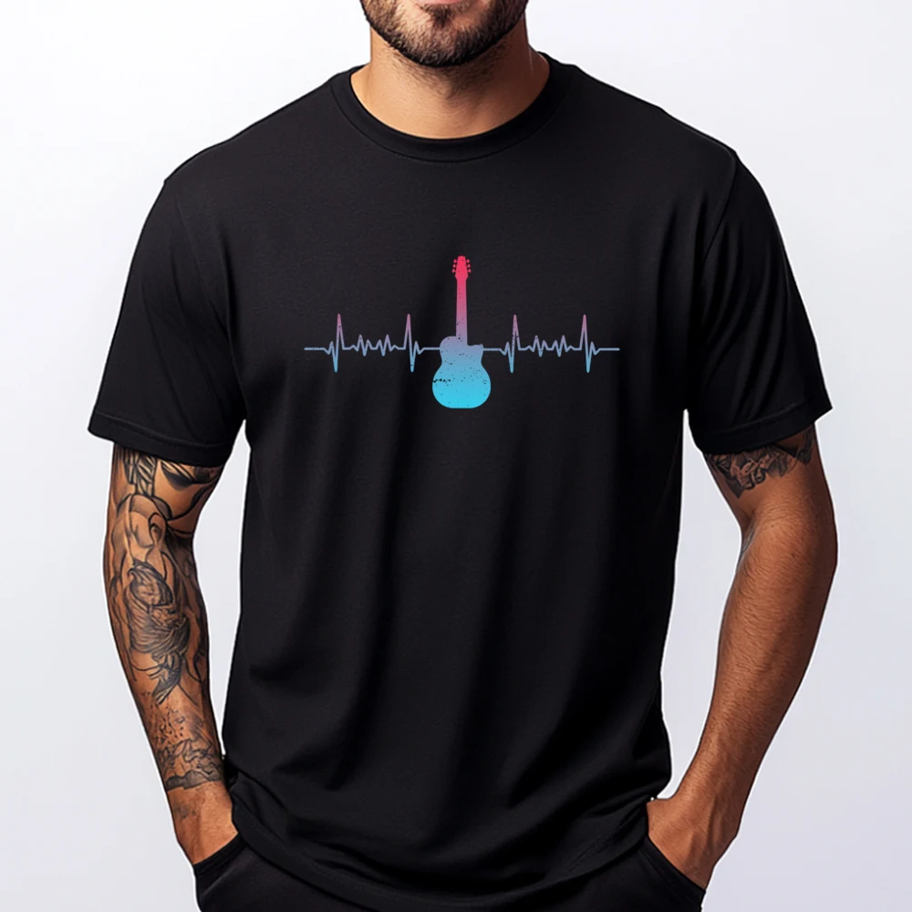 

Guitar Heartbeat Love Guitarist Black Shirt Graphic Tees Spring Man Clothes Creative New Tshirts For Men