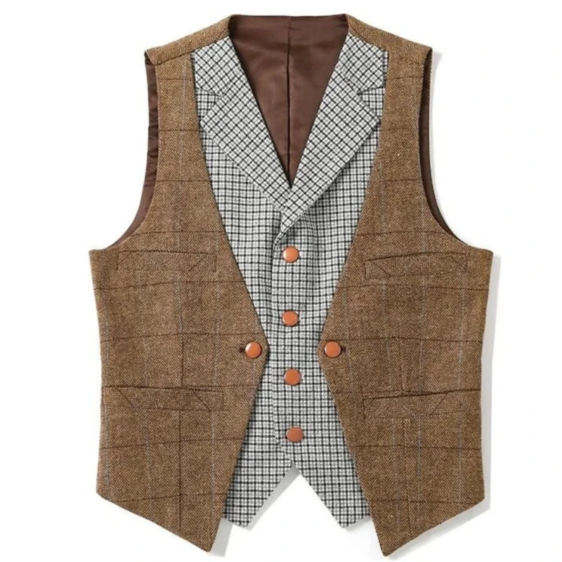 

Men Vest Brown Slim Fit V Neck With Gray Grid Single Breasted Waistcoat Casual Formal Business Men Coat