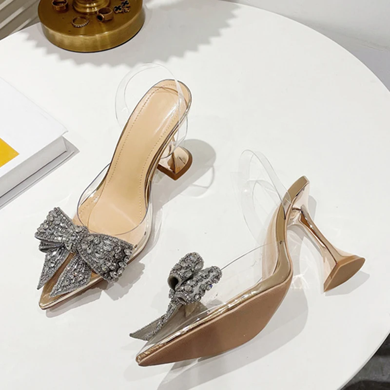 Transparent Women Pumps Luxury Rhinestone Bowknot Pointed Toe High Heels Sandals Ladies Wedding Prom Shoes Sandalias De Mujer