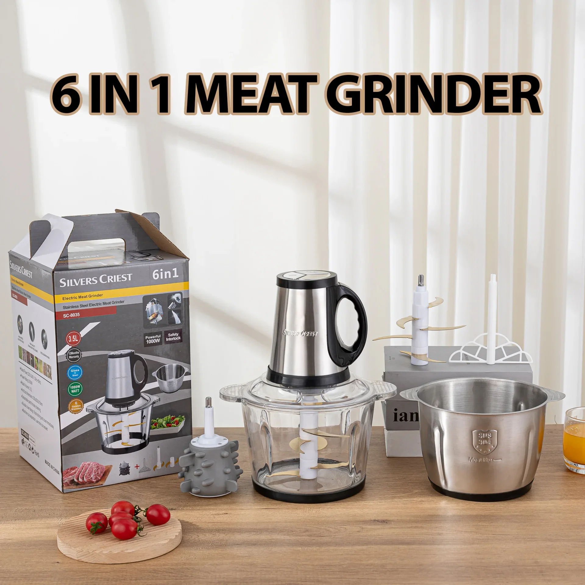 

6-in-1 Multifunctional Meat Grinder 3.5L Glass Bowl 6-Blade Gold Edition Stainless Steel Electric Chopper