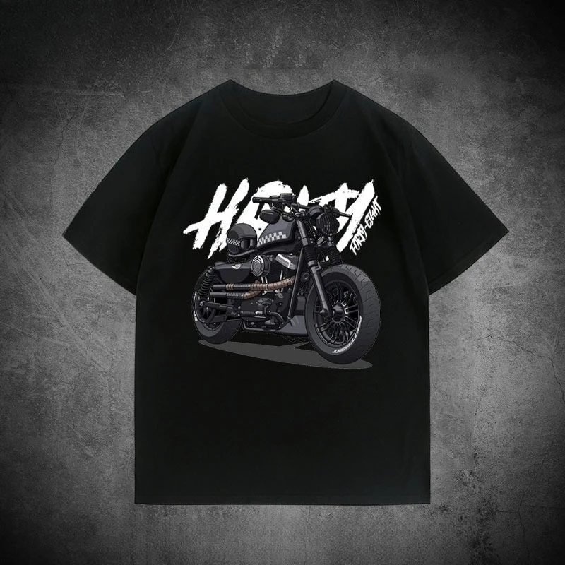 Summer New Large Size Retro Motorcycle Cruise Heavy Locomotive Printed T-Shirt Men's Windshield Loose Versatile Short Sleeves