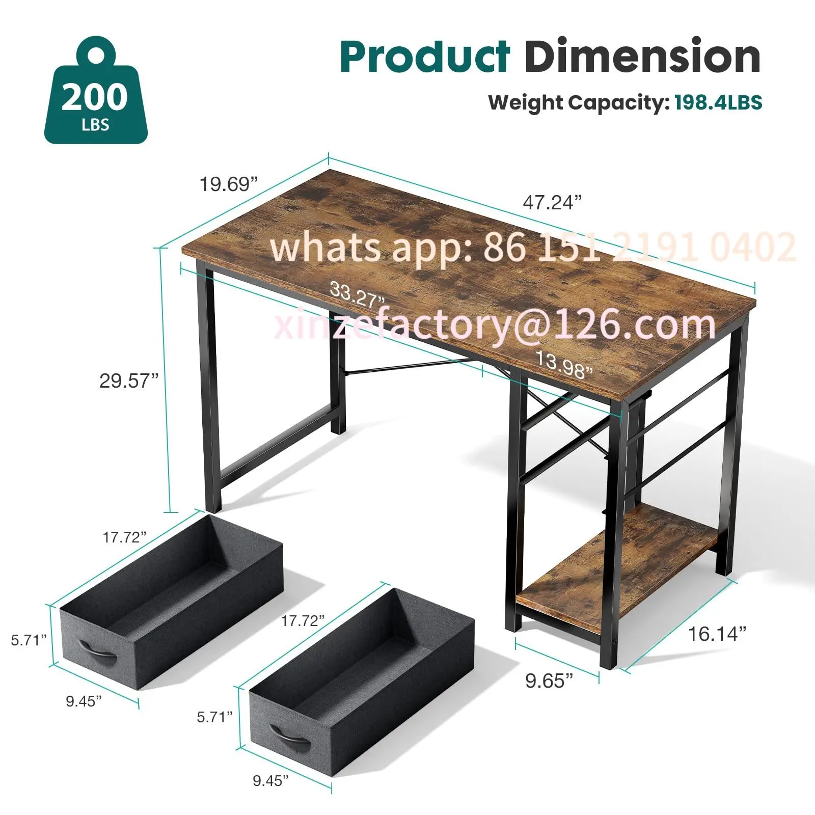Customizable JHK 47IN Computer Desk with 2 Drawers For Study Office Gaming Wood Table with Adjustable Position Drawers Modern Wo