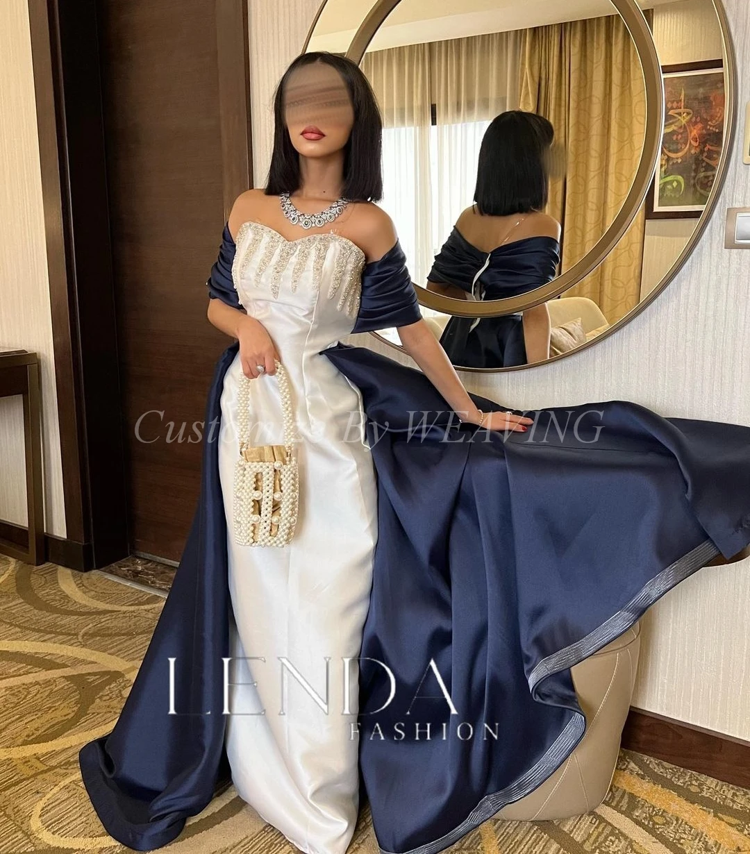 

Ivory Dark Navy Satin Prom Dresses Beadings Sweetheart Floor Length Saudi Arabia Evening Gowns Formal Party Dress