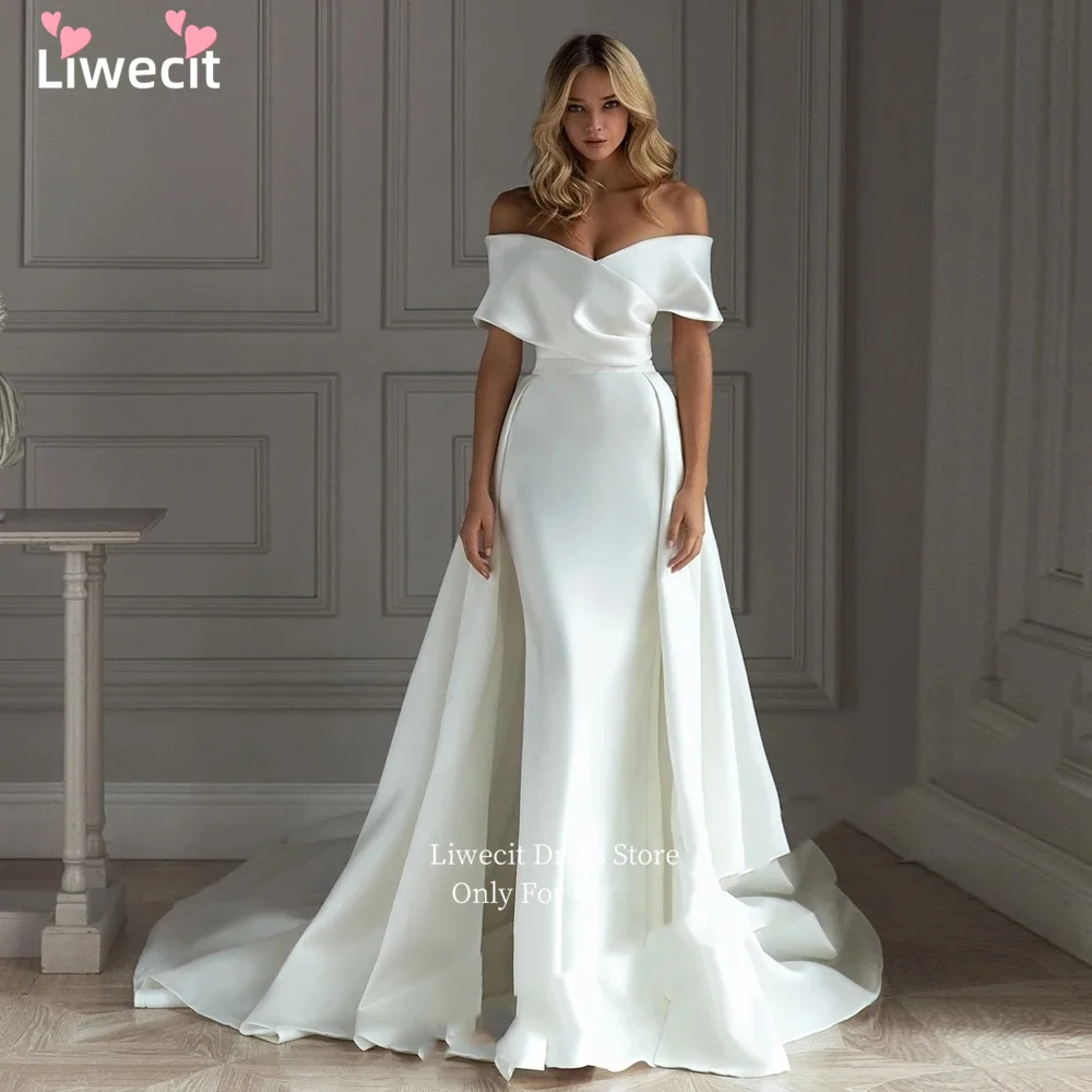 Liwecit Classic Satin Wedding Dress For Woman Bride Detachable Train Off Shoulder Long Mermaid Vestidos De Novia
