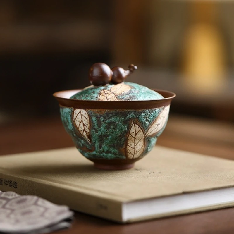 Turquoise Carved Old Rock Clay Gaiwan Fu Lu Tea Bowl Heat Resistant Coarse Clay Household Kung Fu Brewing Tea Decor Gift