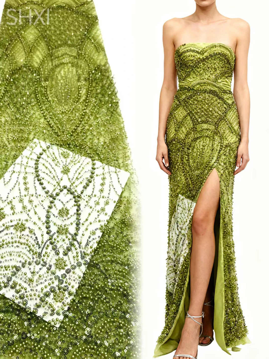 

Зеленая африканская Тюлевая кружевная ткань ручной работы с блестками, французская роскошная кружевная ткань с бусинами для шитья свадебного платья