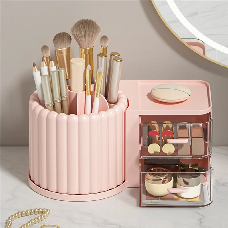 ABBN-Organizador de soporte para brochas de maquillaje con 2 cajones, 360 °   Encimera giratoria del organizador del maquillaje, vitrina de capacidad fácil de usar Pi