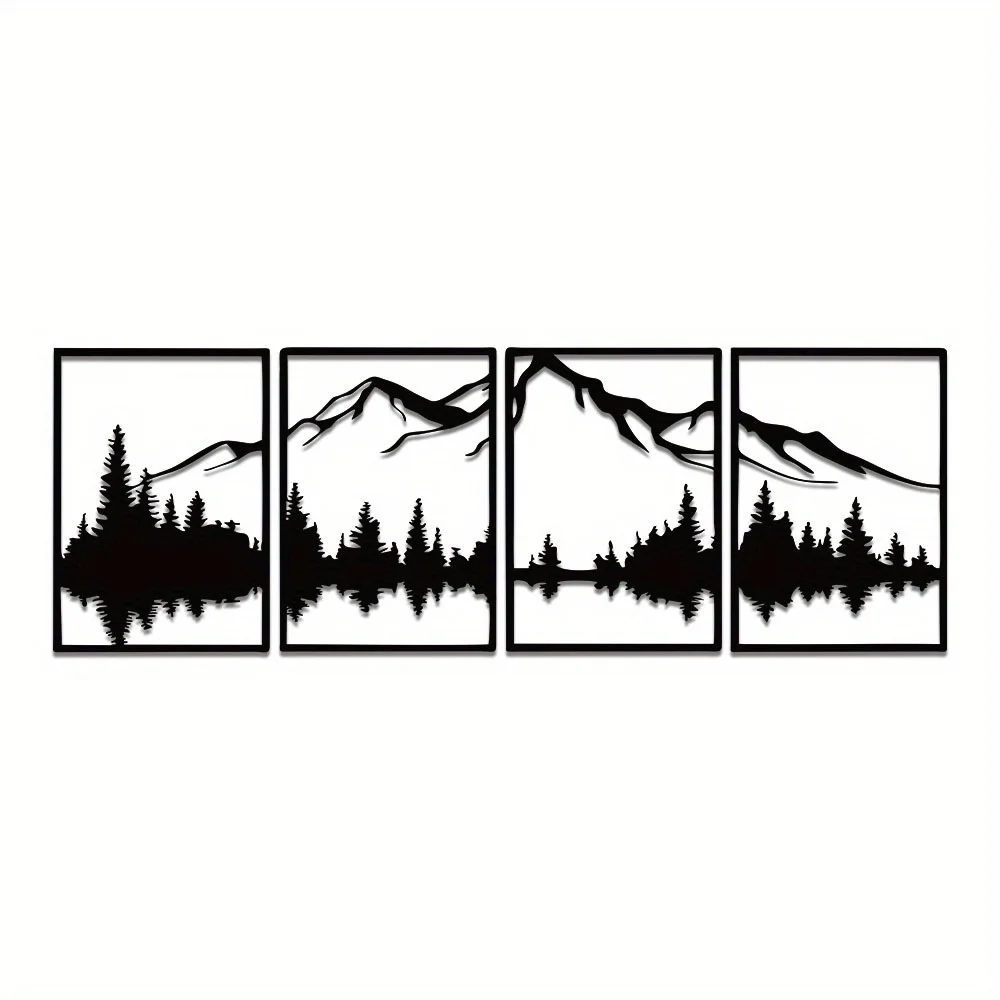 CIFBUY Iron Art Wall Decor 4Pcs Set Art Deco Black Metal Gable Sculpture Forest Silhouette Landscape Home Living Room Bedroom De