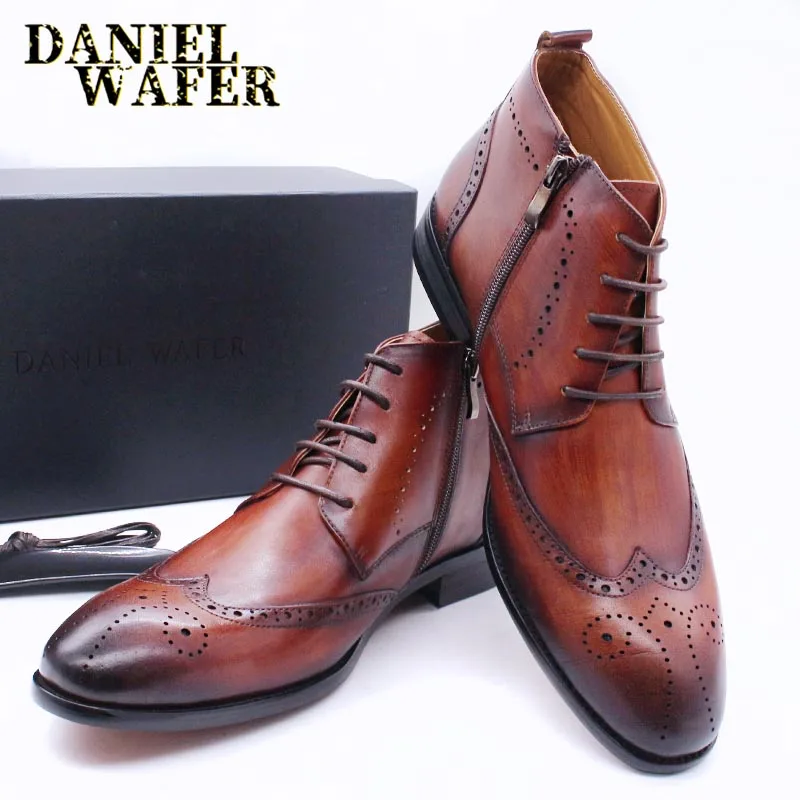 Luxury Brand Men\'s Genuine Leather Ankle Boots Fashion Black Brown Wing Tip Details Brogue Lace Up Office Formal Basic Boots Men