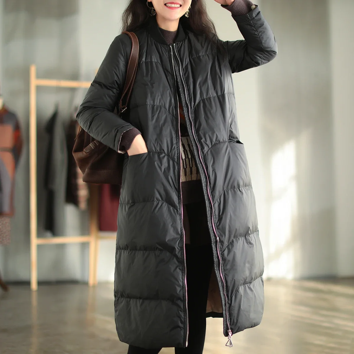 Schincompatible Baseball Down Jacket, Long Outwear, 90% White Duck Down, Oversize Coat, Style coréen, Hiver, Nouveau