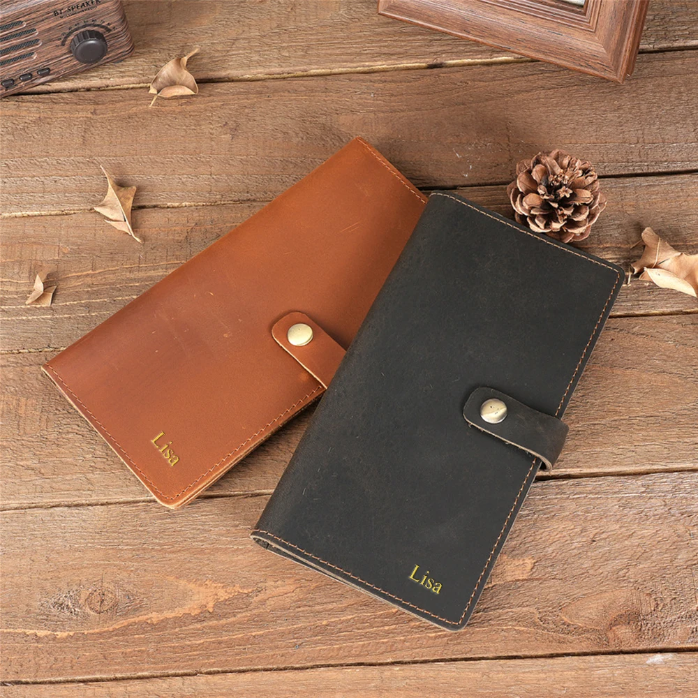 Customized name men's multi-pocket large bill compartment long leather wallet money clip wild horse leather