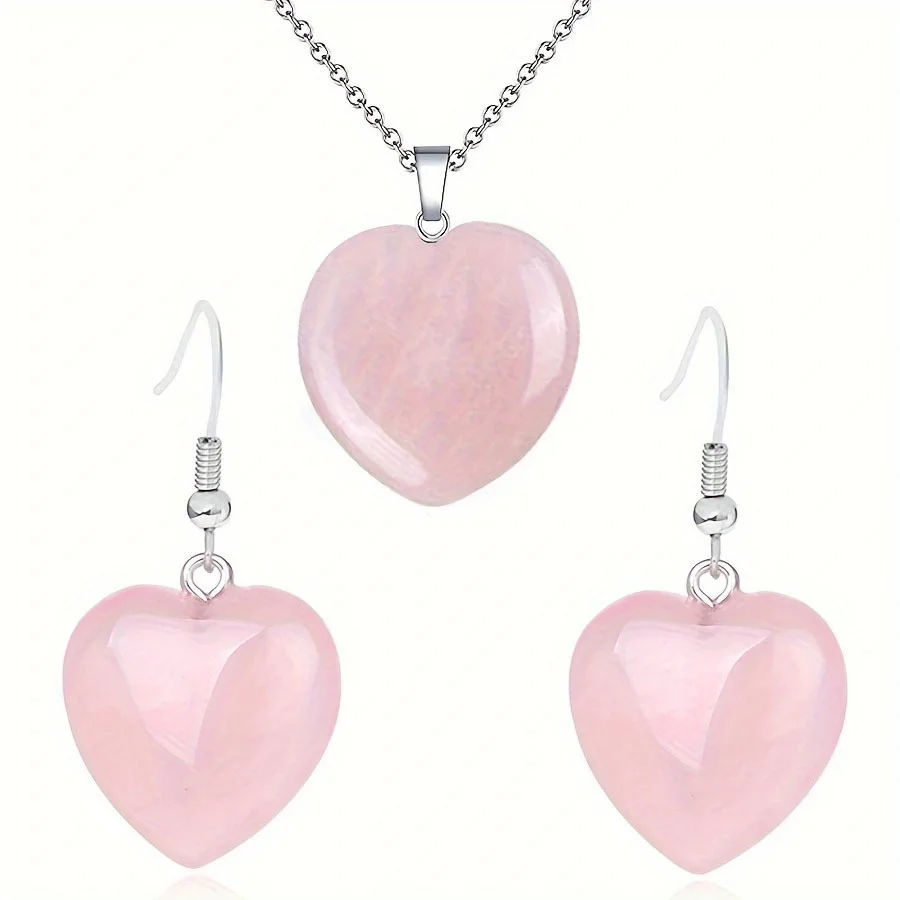 1 set Natural Stone Rose Quartzs Heart Earrings Necklace Pink Crystal Dangle Earring Eardrop Women Party Wedding Jewelry Heart