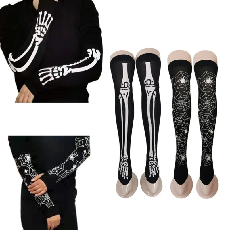 2 Pairs Skeleton Spiders Web Bloody Sleeve Socks Set Thigh High Socks Stockings Halloween Product Props for Women Girls