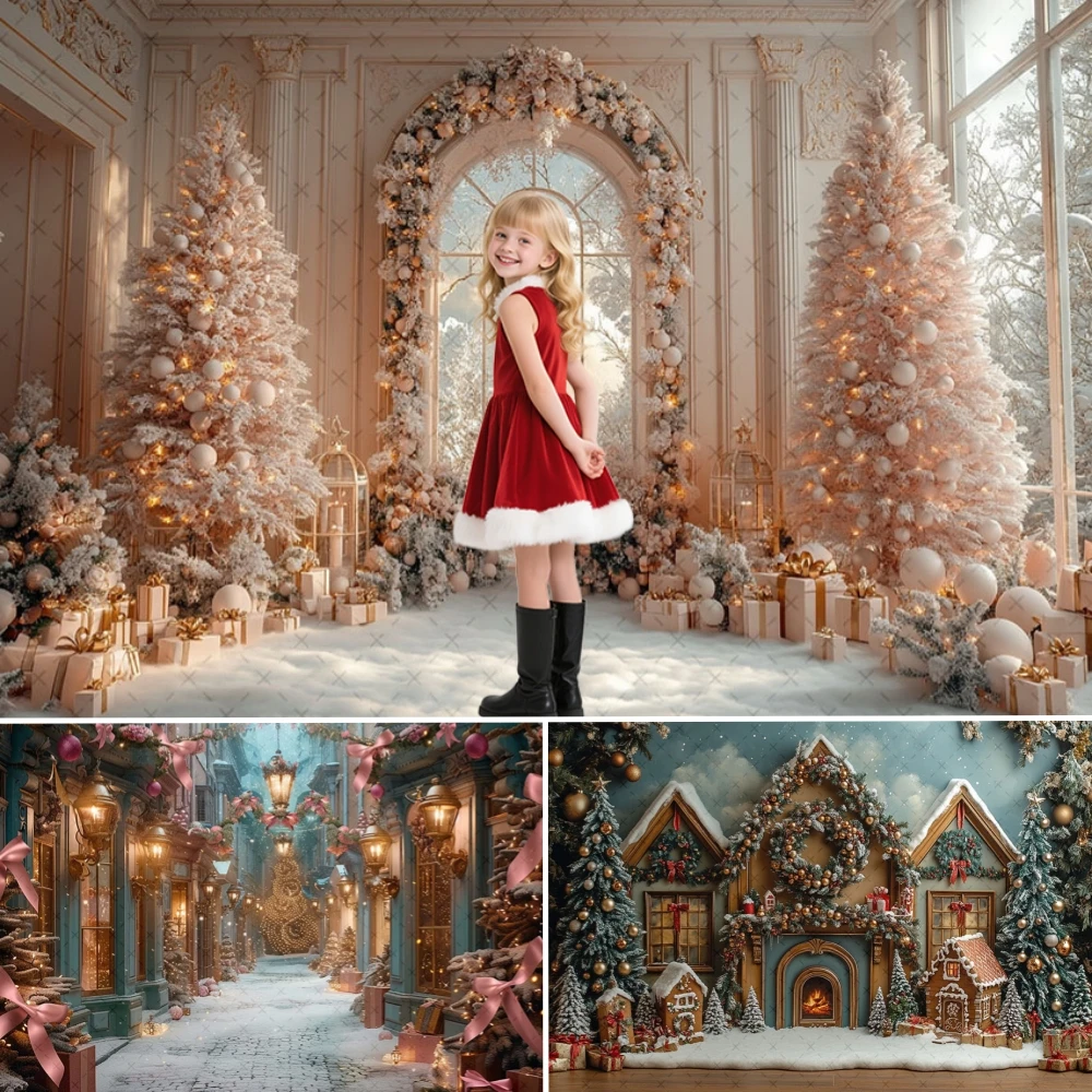 

Winter Castle Christmas Photography Backdrops Cute Pink Bear Scene Kids Family Portrait Party Decor Banner Photo Studio Backdrop