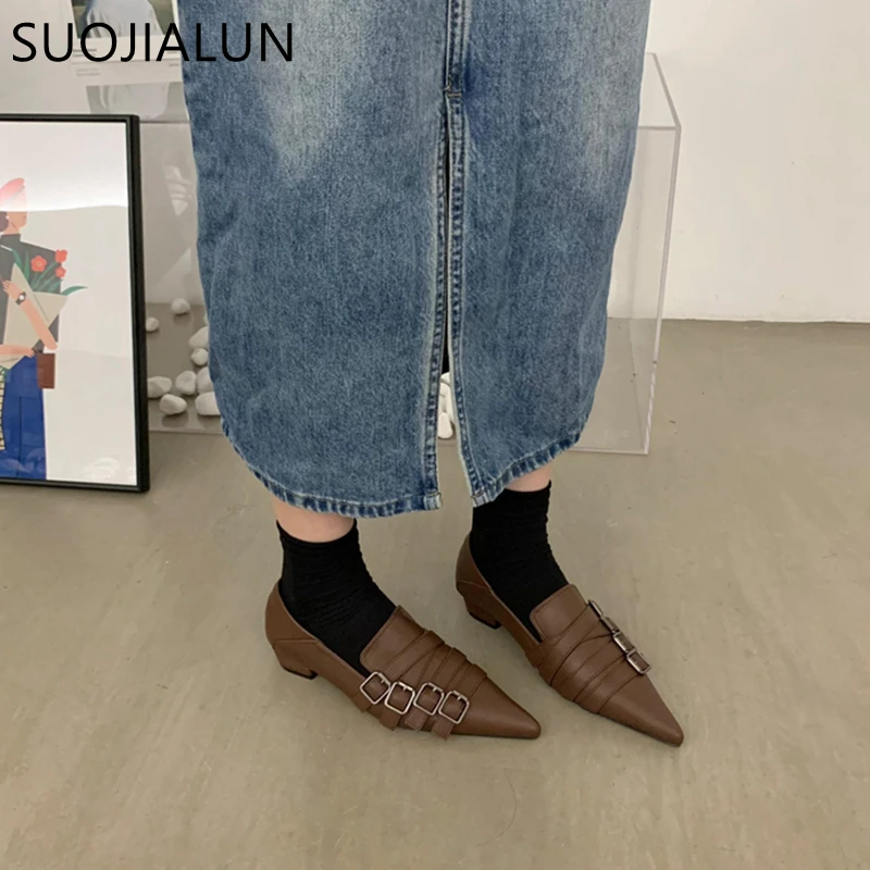 SUOJIALUN 2023 Autumn Ladies Women Flat Shoes Fashion Brand Buckle Women Elegant Laofer Shoes Flat Heel Slip On Dress Ballerinas