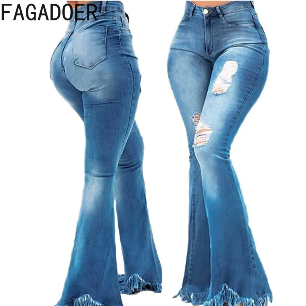 

FAGADOER Fashion Hole Skinny Jeans Tassels Flare Pants Women High Waist Button Wide Leg Denim Trousers Lady Cowboy Bottoms 2024