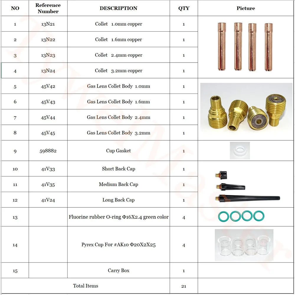 Imagem -02 - Copo de Vidro Kit Tig Soldagem Gás Lente Collet Corpo para Wp9 Wp20 Série Tochas 21 Peças