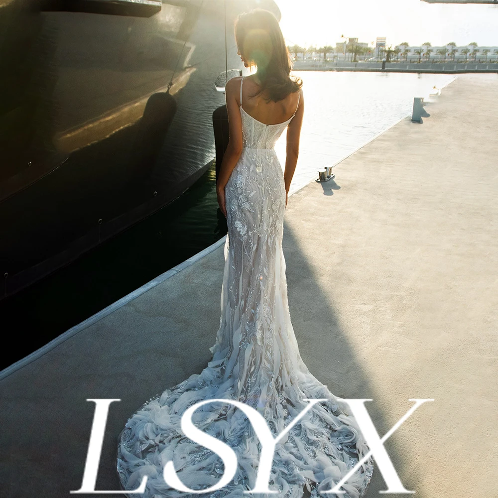 LSYX Customized Spaghetti Strap Lace Sequin Mermaid Wedding Dress Bridal Gown with Square Neck, Train, Elegant Design, Timeless