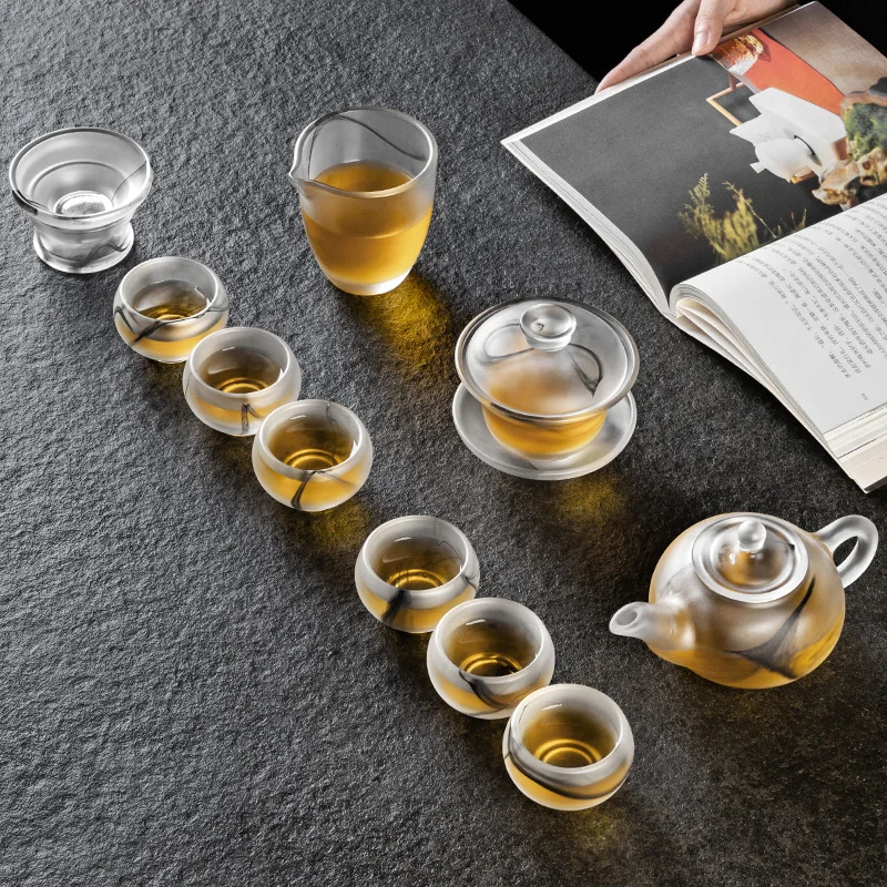 Glass tea set set light luxury white jade kungfu tea cup household cover bowl high-end high-end glass office reception