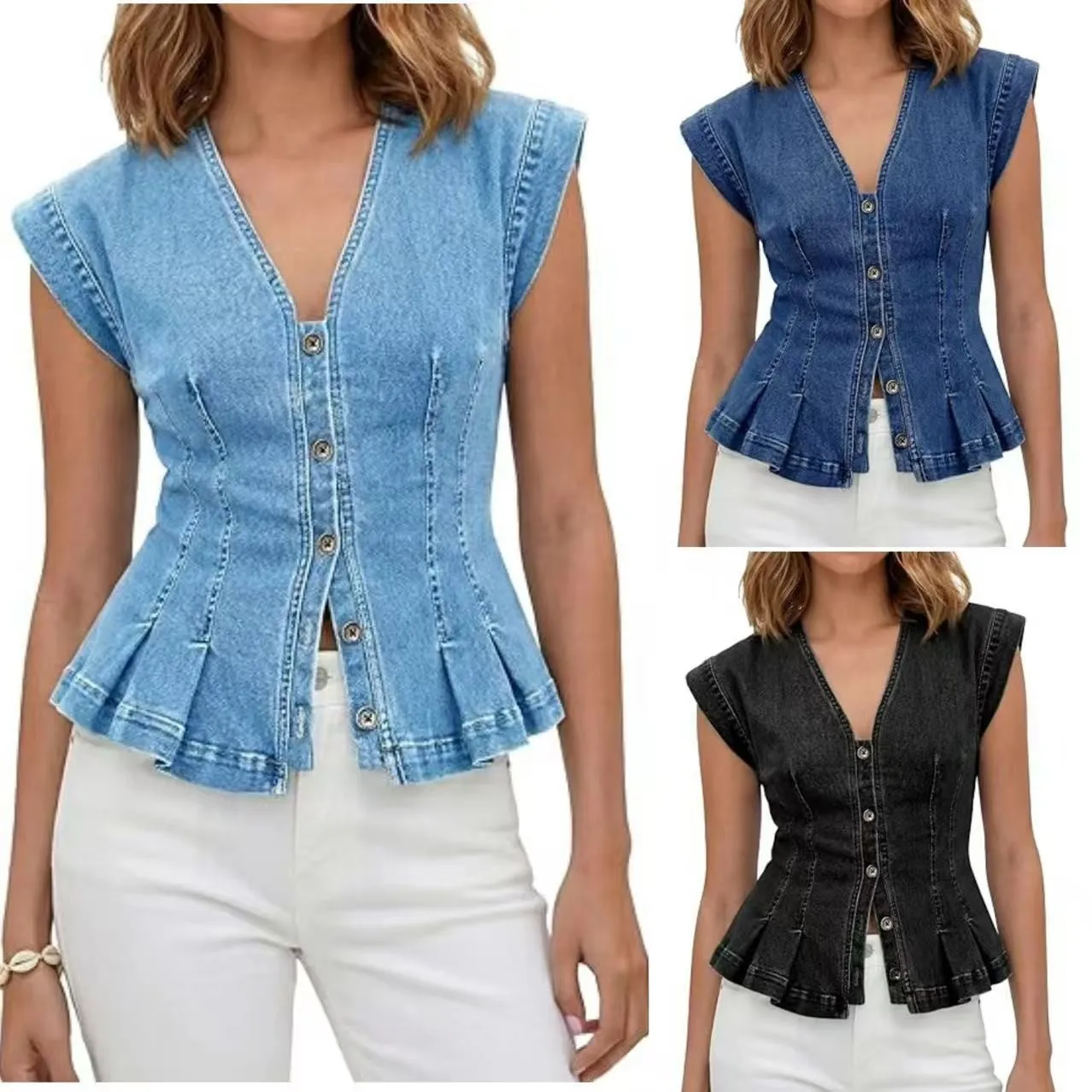 Summer Women's Corset Vest Button Front Crop Tank V Neck Peplum Hem Sleeveless Top Light Blue Pleated Waist Denim Slim Fit