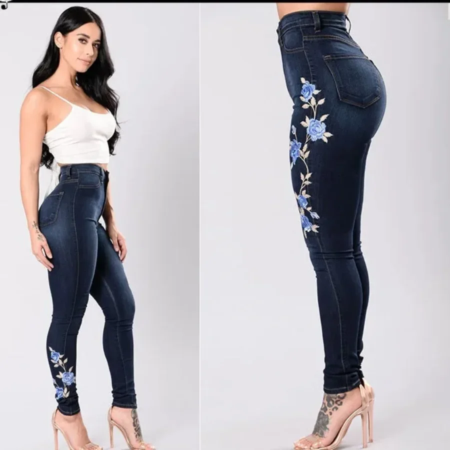Jeans Women Denim Pencil Pants Embroidery Skinny High Waist Vintage Distressed Streetwear 2026 Washed Ankle Length Trousers
