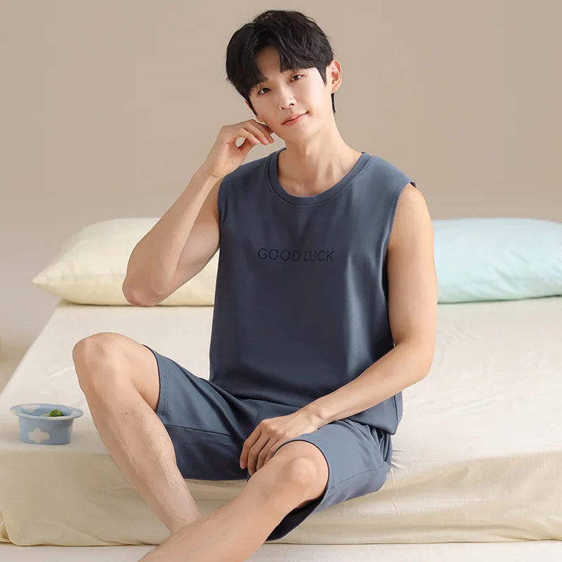 

Summer New Man Cotton Vest Pajamas 2 Pcs Sleeveless Shirt&shorts Sleepwear Casual Round Neck Home Clothes Loose Nightwear