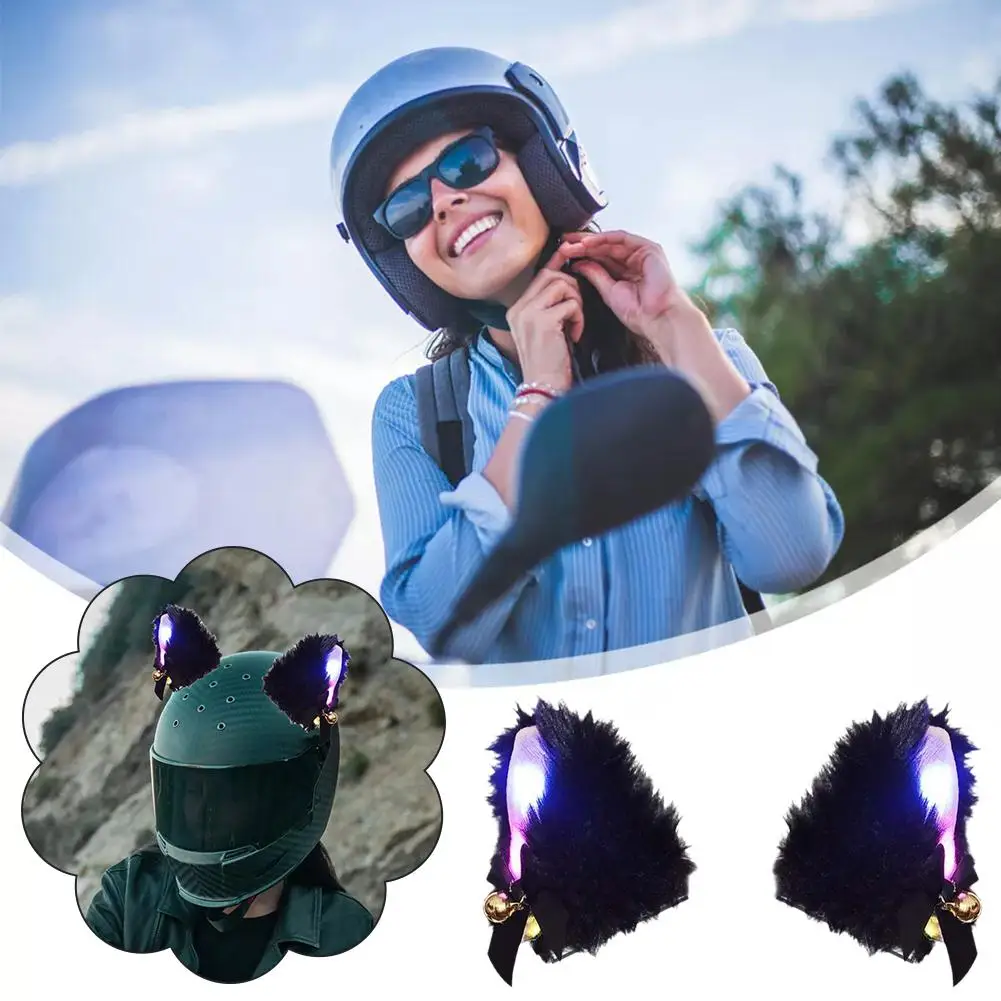 2 szt. Kask motocyklowy dekoracja uszu kota z kolorowym światłem LED pluszowy kask motocrossowy pełna twarz kask terenowy Decor