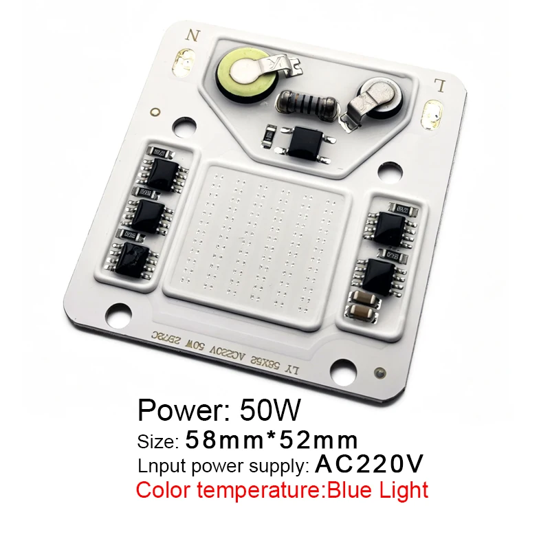 50W LED COB Chip Blue Light Bulb 220V Smart IC No Driver Required for Outdoor Flood Light DIY Spotlight