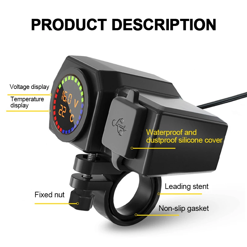 Motorcycle Charger Voltage Temperature Digital Display Dual USB Mobilephone Charging Adapter for Motorbike Handlebar Accessories