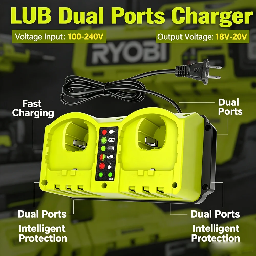Cargador Rápido de 2 Puertos para Batería Ryobi 18V-20V – Cargador de Repuesto para Herramientas Ryobi P120 P170 P180 P190 Enchufe EU/US/UK/AU