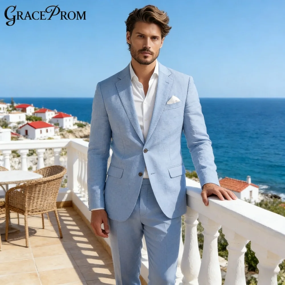 

Sleek Slim Fit Light Blue Linen Suit 2026 for Men Single Breasted Notch Lapel for Beach Weddings Vacation Events Summer Casual