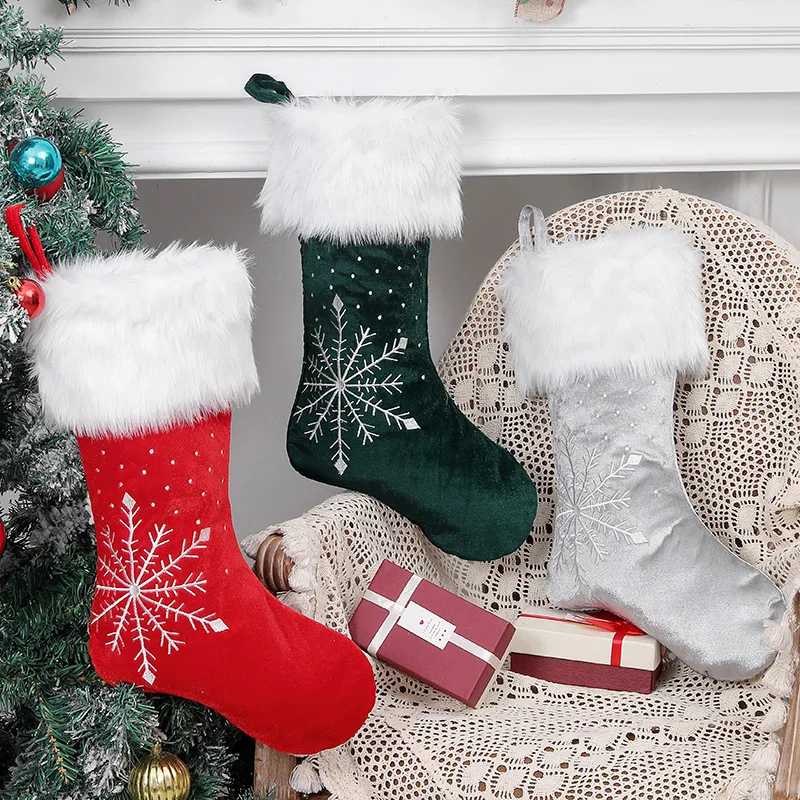 

New Christmas Stockings Velvet Embroidery Snowflake Socks Gift Bags for Kids Holiday Decor Christmas Gift Santa Stocking