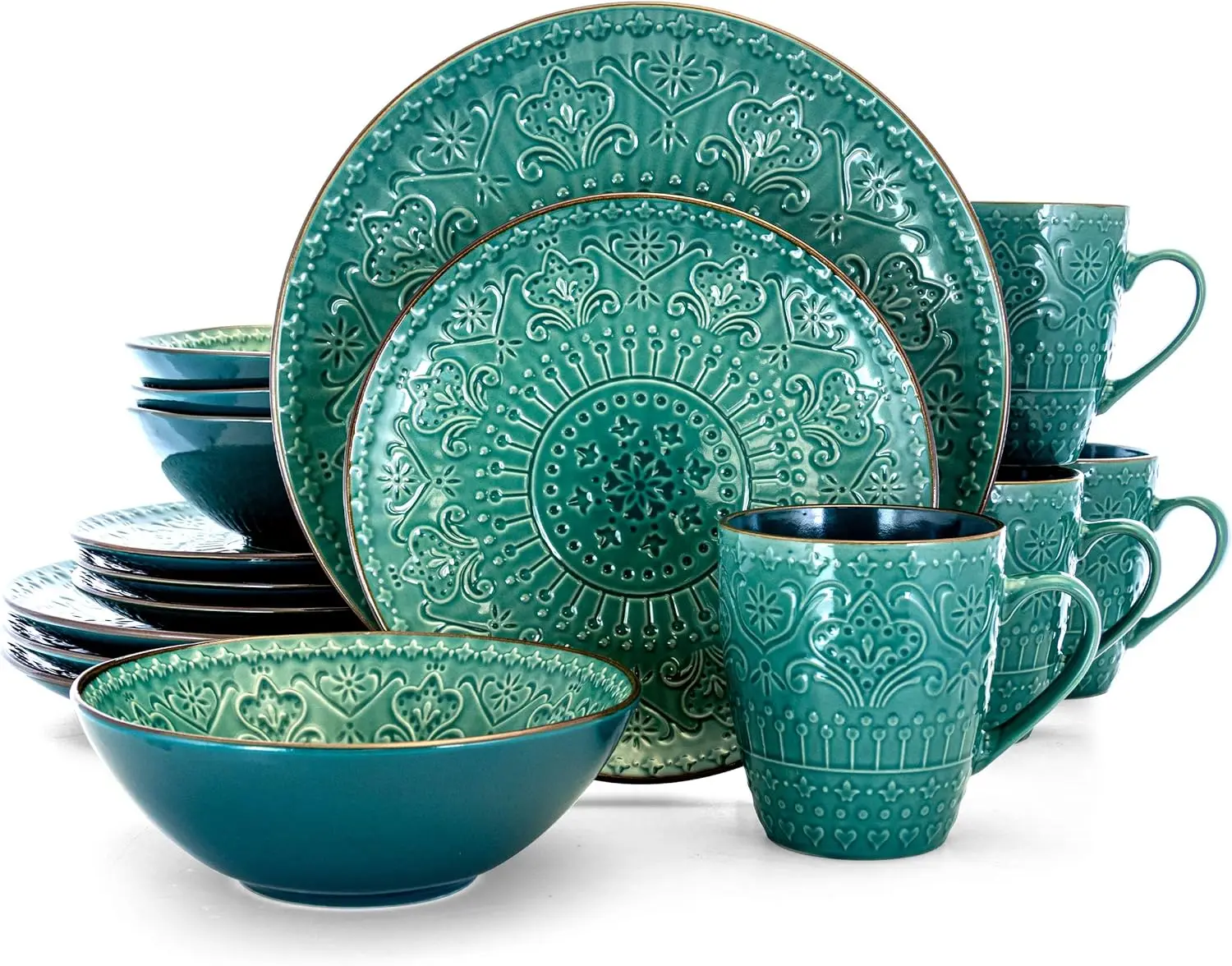 

Elama Round Stoneware Embossed Dinnerware Dish Set, 16 Piece, Ocean Teal and Green