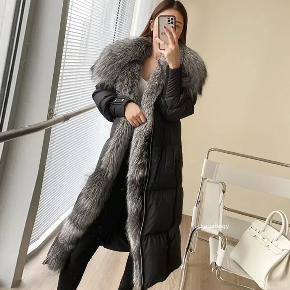 2024 Women Winter Big Real Silver Fox Fur Collar 90% White Duck Down Jacket Long Thick Warm Luxury Parka Female Outwear