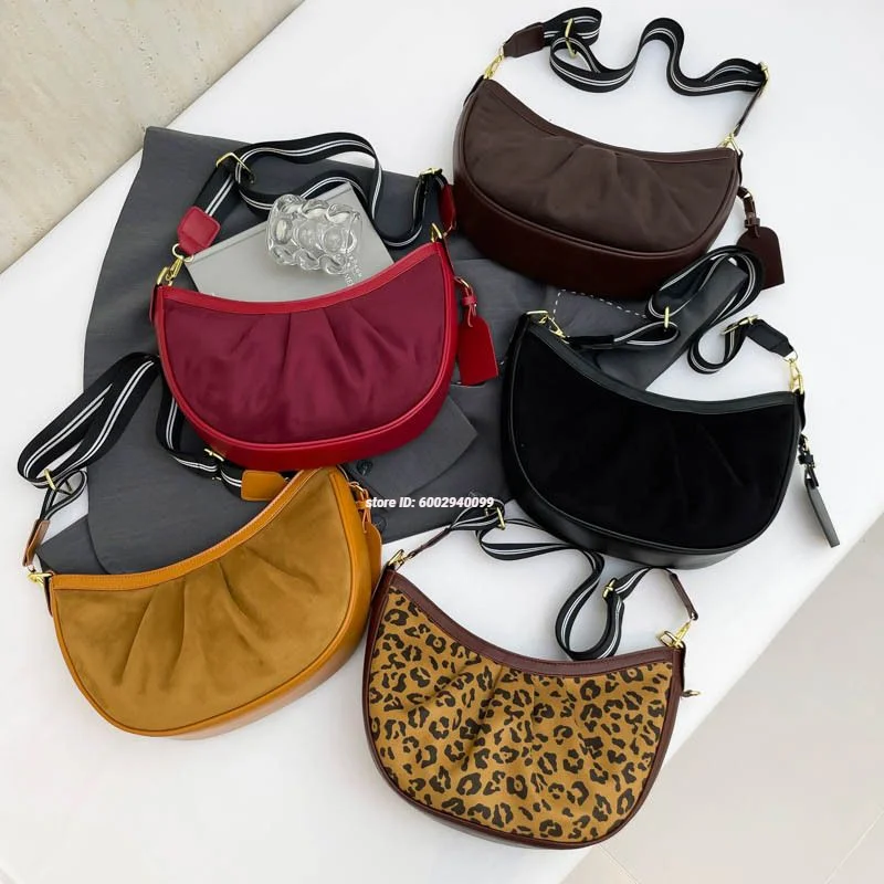 

Сумки для пельменей в форме полумесяца, леопардовая новая женская сумка через плечо, высококачественная сумка с широким ремешком, женская сумка среднего размера из искусственной замши