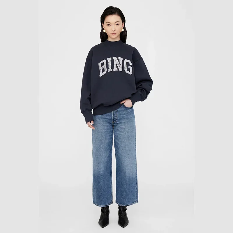 New Arrival Women's Loose Hoodie with Classic BING Printed Letters, Warm Fleece Lining and High Neck for 24 Winter