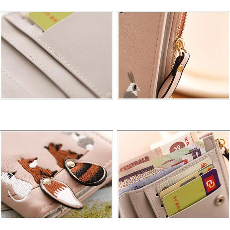 2022 Cute Animals Embroidery High Capacity Thin Wallet Women Zipper Fold Mini Coin Purse Card Holders Short Wallets New Trend