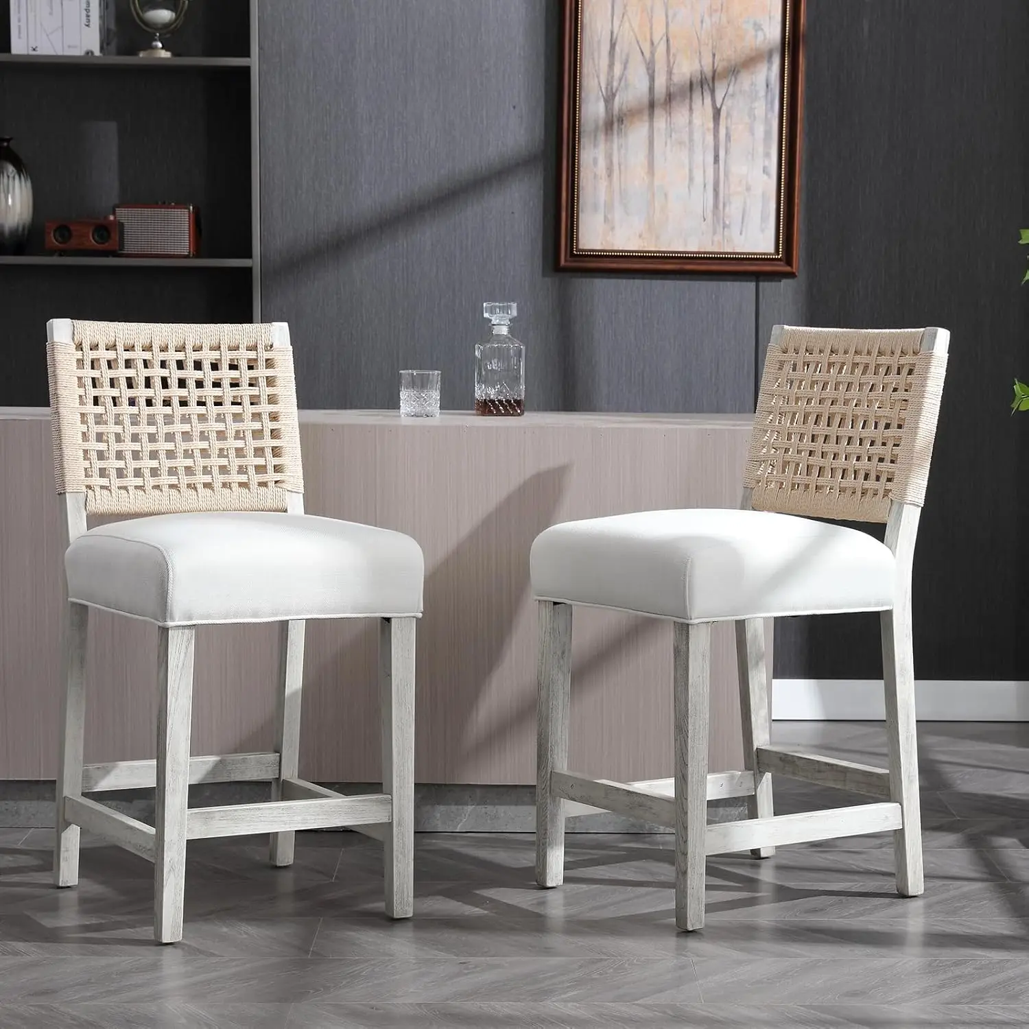 

27"" Counter Height Bar Stools Set Of 2, Farmhouse Wood Barstools With Linen Seat And Woven Backrest, Stable Frame, 6.5-In
