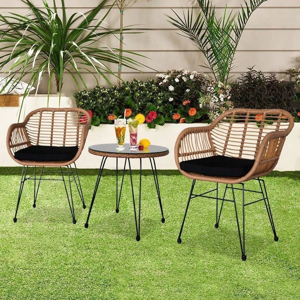 Set of 3 Wicker Rattan Chairs Patio Conversation Set with Tempered Glass Table