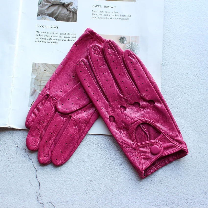 Guantes de cuero para conducir para mujer, piel de oveja fina, sin forro, ahuecados a la moda, todos los dedos, guantes para montar en motocicleta,