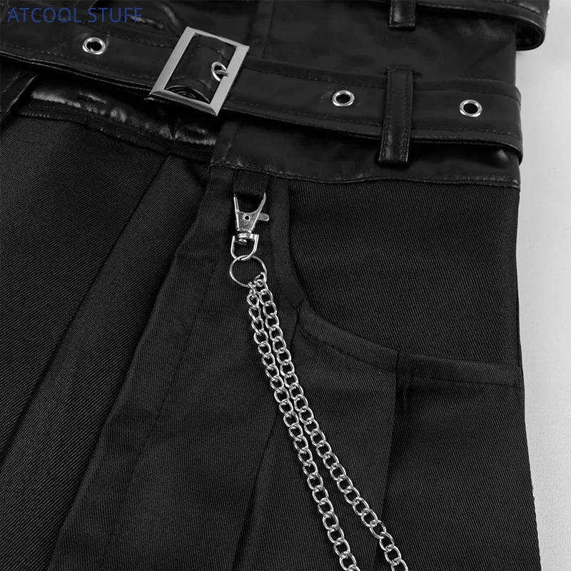 Punk Pleated Skirt Open Front Men\'s Gothic Leather Belt Medieval Roman Warrior Kilt Metal Chian Harujuku Stylish Clothing