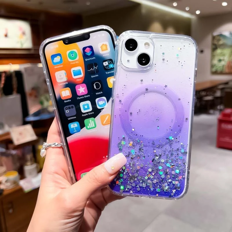 Gradient color resin glitter magnetic attraction for iPhone16 17 13 15 14 12 11ProMax 17 Air anti-stain and anti-wear phone case