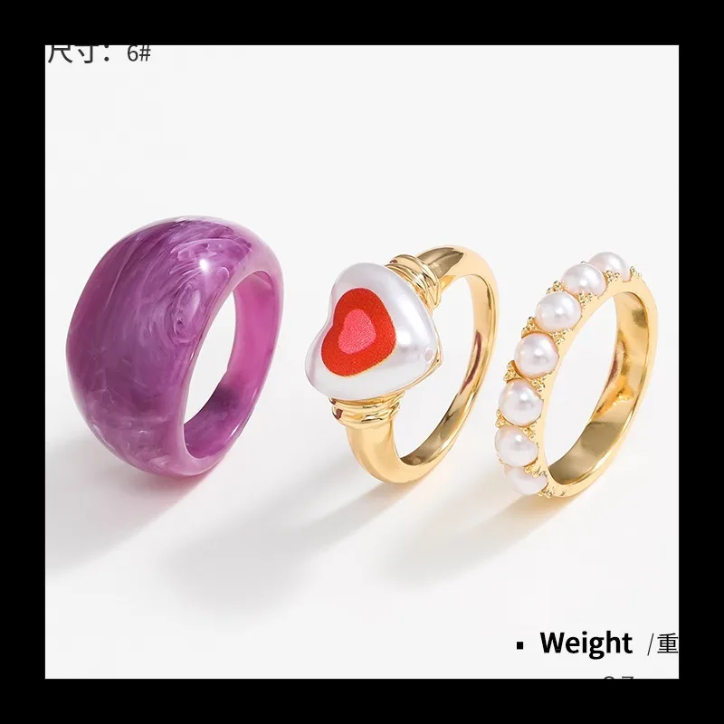 مجموعة خواتم مطبوعة من سبائك الذهب واللؤلؤ المطلي بالذهب بتصميم أصلي للنساء، قلب من الراتنج