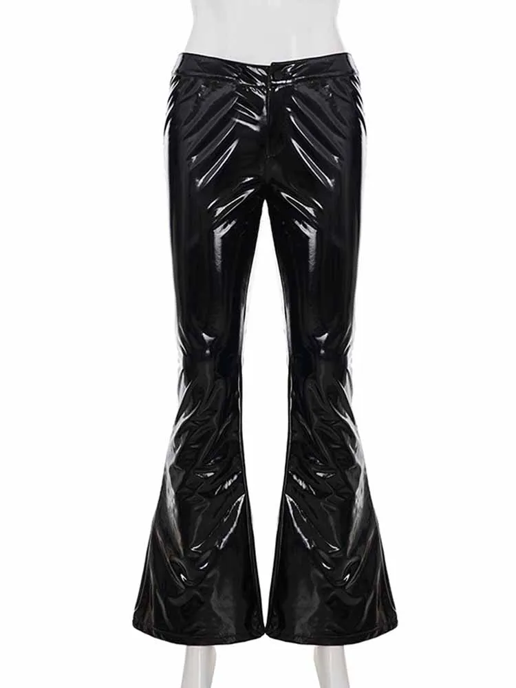 BKQU فاسق منخفضة الخصر بنطال جلدي النساء خمر الشارع الشهير Y2K Ruched نحيل أسود مضيئة بنطلون موضة الهيب هوب قيعان 2025 #6