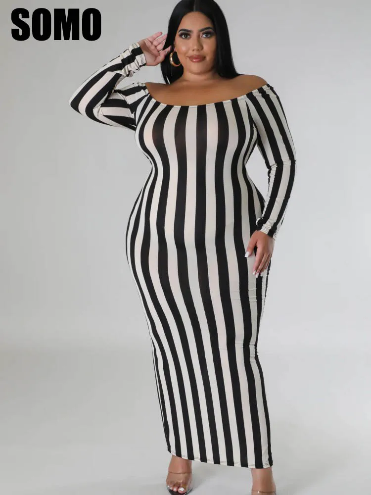 SOMO Plus Size Stripe Print Sexy Women Dress Fashion Casual Slim Boat Neck Long Sleeve Sheath Club Dress Wholesale Dropshipping