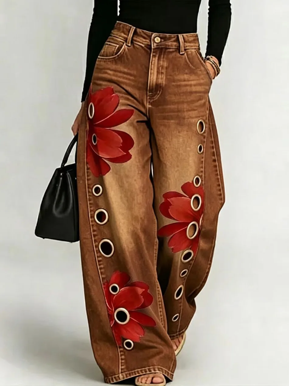 Frühling Herbst Neu im Sortiment Imitations-Jeans für Damen, bedruckt, lässig, locker, Retro-Street-Fashion, weites Bein – Detail 9