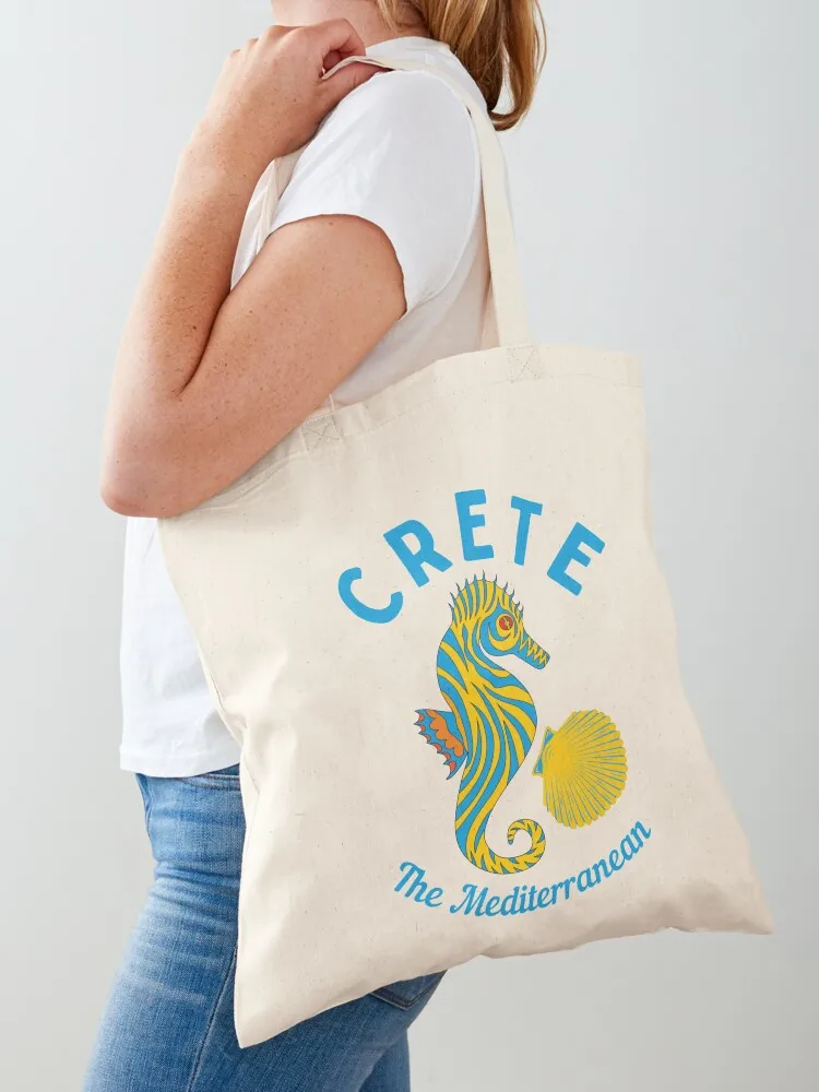 Bright Mediterranean Islands Crete, Blue Text- Beach / Vacation Tote Bag eco bag folding tote bag woman Canvas Tote