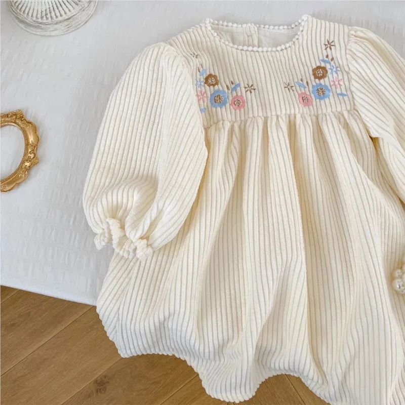 2024 Spring New Infant Baby Girl Dress Corduroy Embroidered Flower Pullover Long Sleeve Solid Dress Cute Newborn Girl Vestido